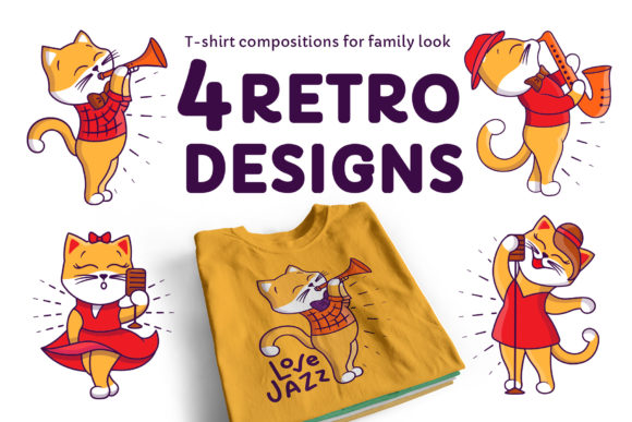 Retro Cats. T-Shirt Designs: Graphics & Illustrations